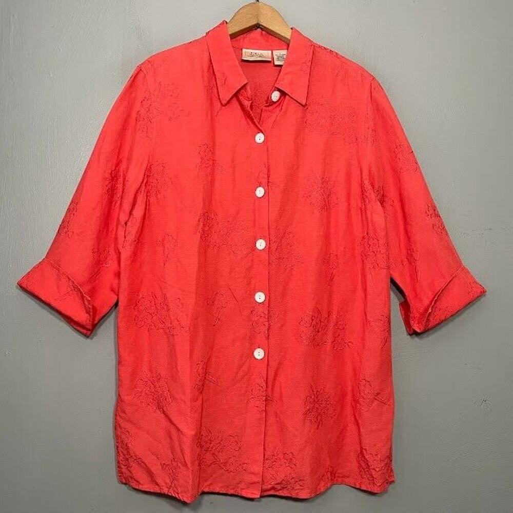 Field Manor Tunic Top Size L Coral Linen Blend Floral Embroidered Cottagecore